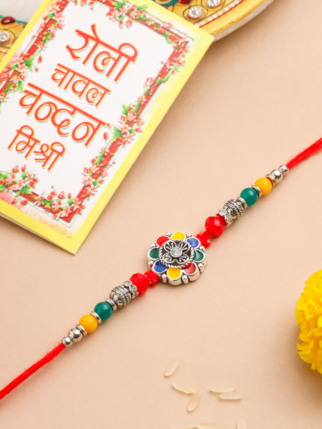 NVR Men Multicolor Artificial Stones & Beads Floral Design Thread Rakhi with Roli Chawal Chandan & Mishri | Grocsy