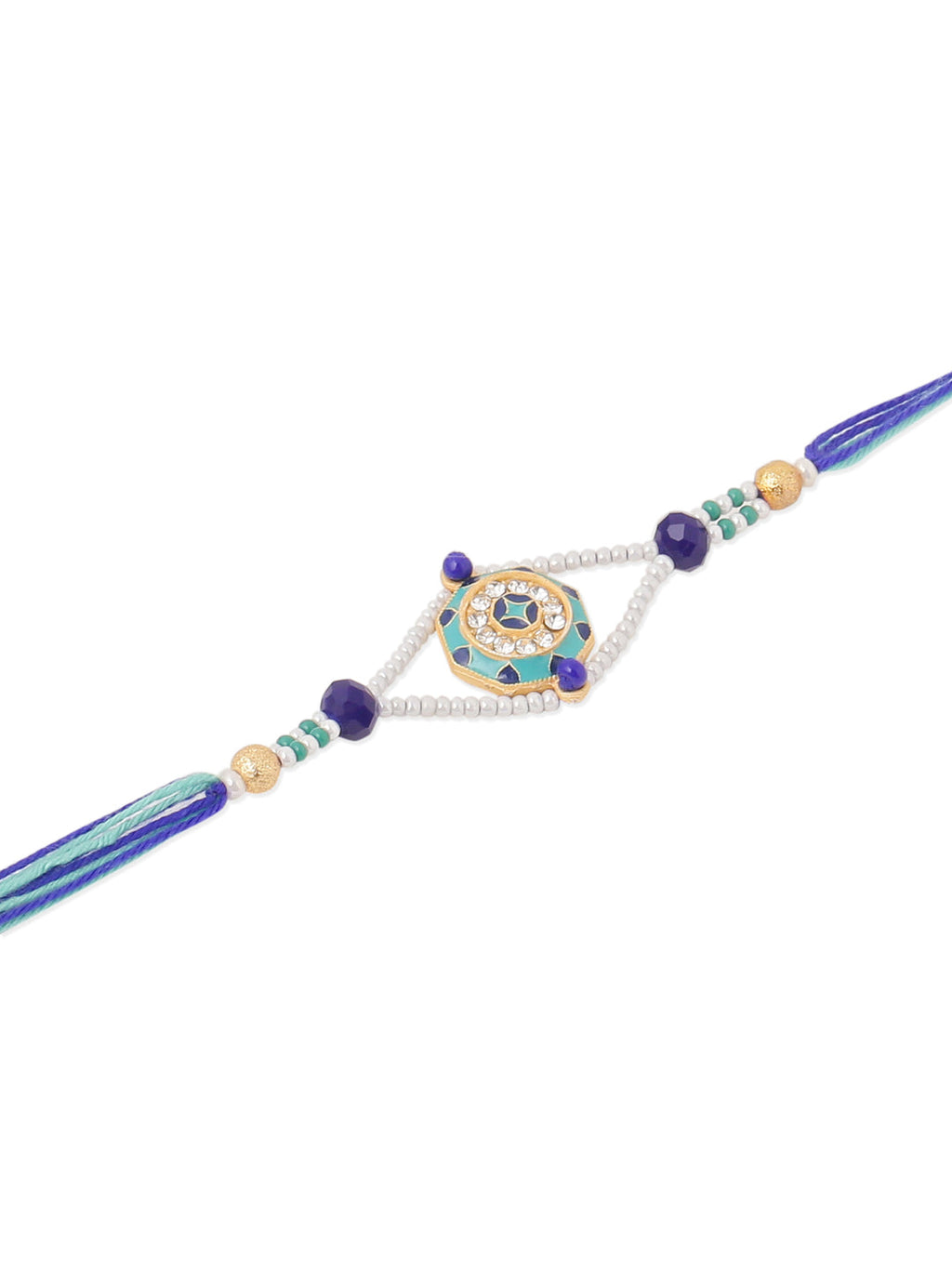 NVR Men Blue Artificial Stones & Beads Floral Design Thread Rakhi with Roli Chawal Chandan & Mishri | Grocsy