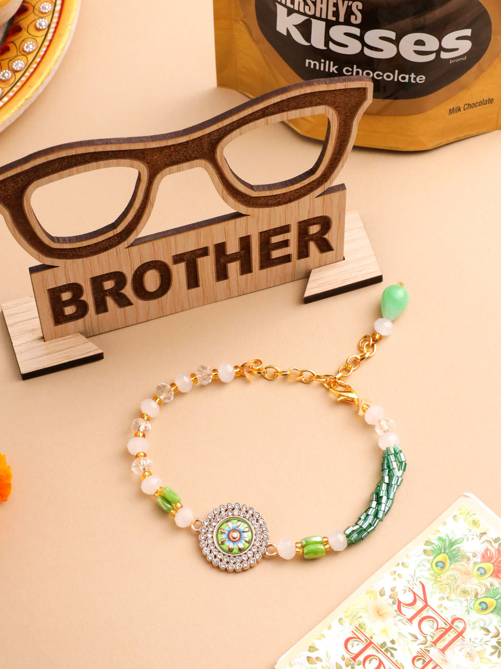 NVR Women Green Artificial Stones & Beads Floral Wraparound Rakhi, Combo for Rakshabandhan | Grocsy