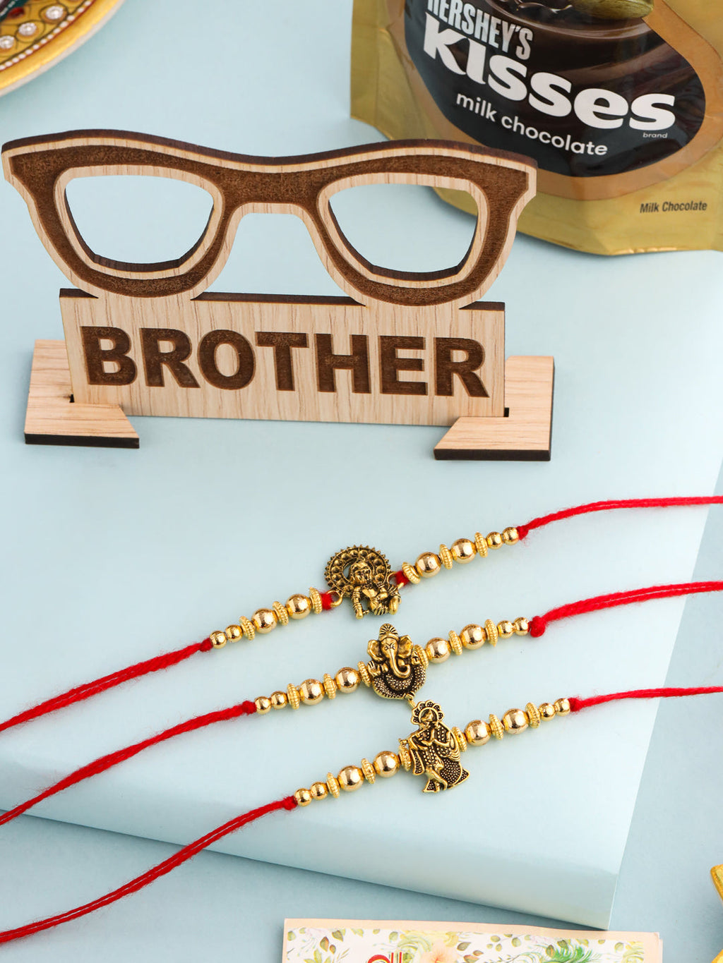 NVR Men Set of 3 Gold Toned Designer Ganesh Ji Thread Rakhi, Combo for Rakshabandhan | Grocsy