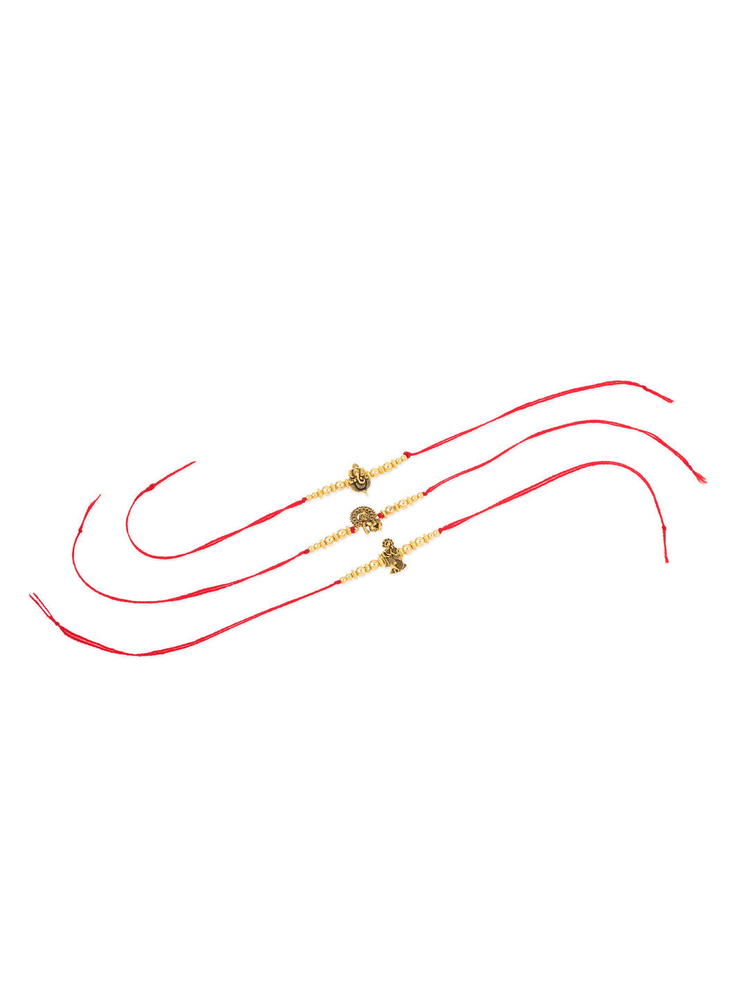 NVR Men Set of 3 Gold Toned Designer Ganesh Ji Thread Rakhi with Roli Chawal Chandan & Mishri | Grocsy