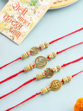 NVR Men Set of 4 Gold Toned Artificial Stones Swastik Design Thread Rakhi with Roli Chawal Chandan & Mishri | Grocsy