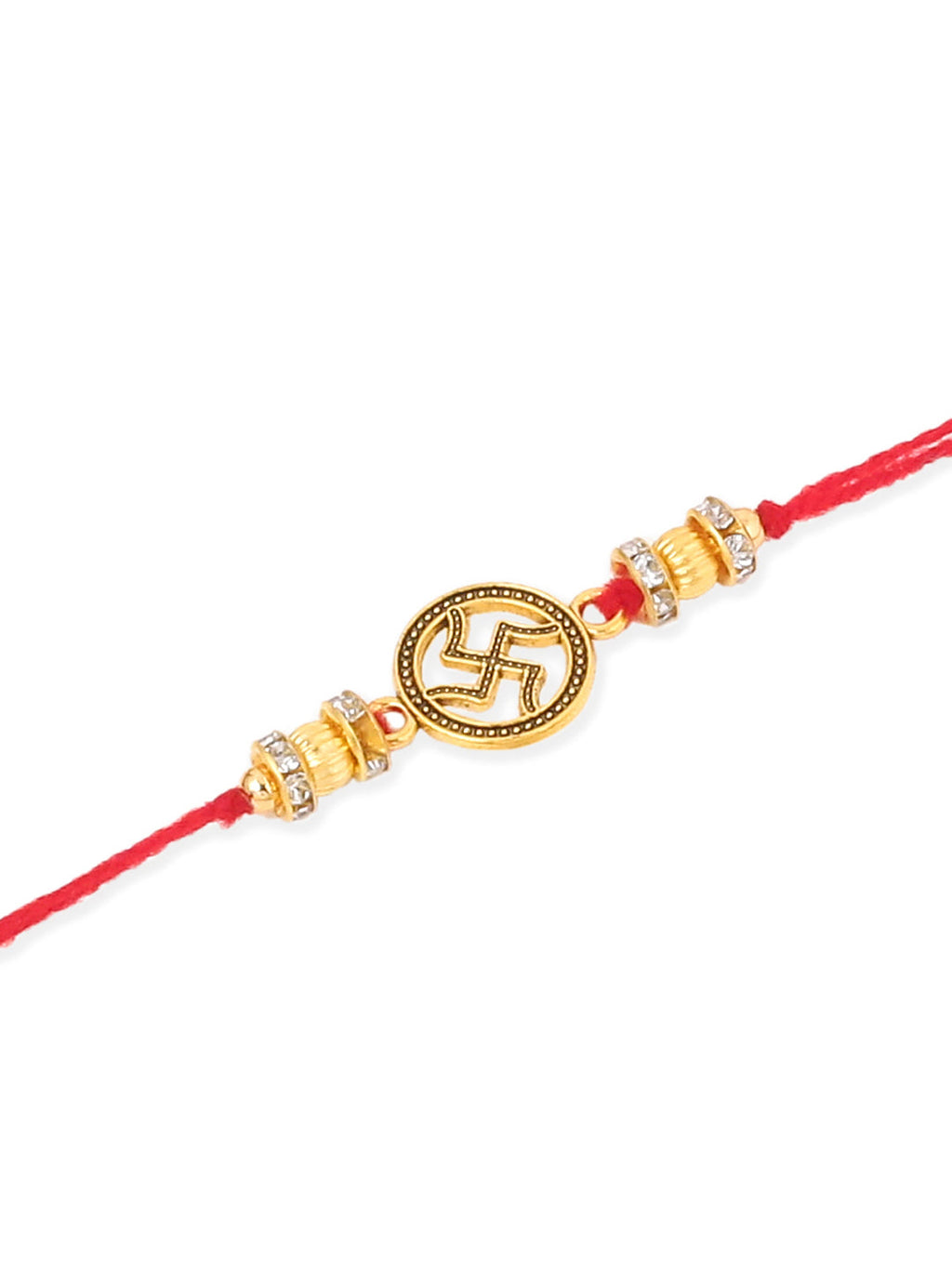 NVR Men Set of 4 Gold Toned Artificial Stones Swastik Design Thread Rakhi with Roli Chawal Chandan & Mishri | Grocsy