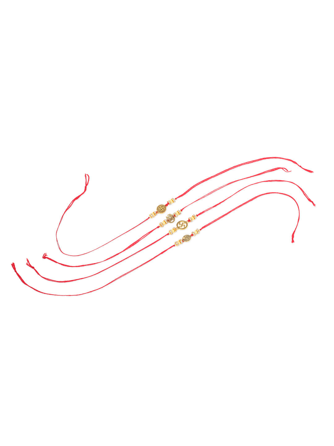 NVR Men Set of 4 Gold Toned Artificial Stones Swastik Design Thread Rakhi with Roli Chawal Chandan & Mishri | Grocsy