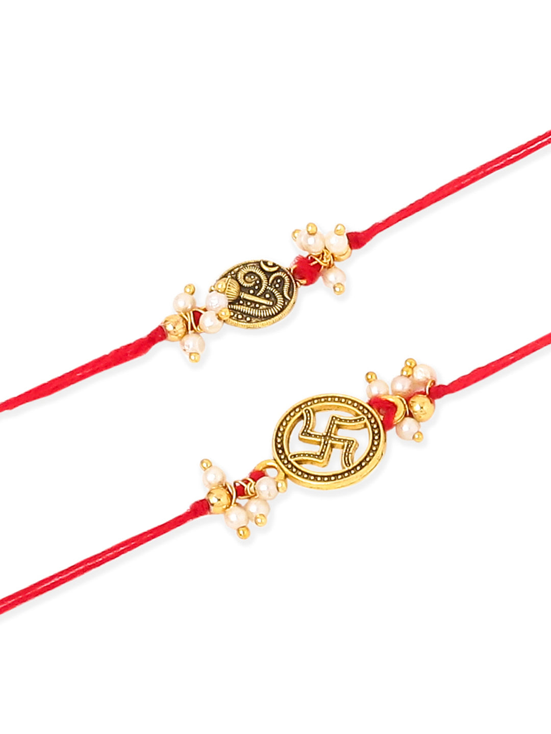 NVR Men Set of 2 Gold Toned Pearls Swastik Desgin Thread Rakhi, Combo for Rakshabandhan | Grocsy