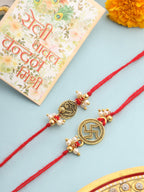 NVR Men Set of 2 Gold Toned Pearls Swastik Desgin Thread Rakhi with Roli Chawal Chandan & Mishri | Grocsy