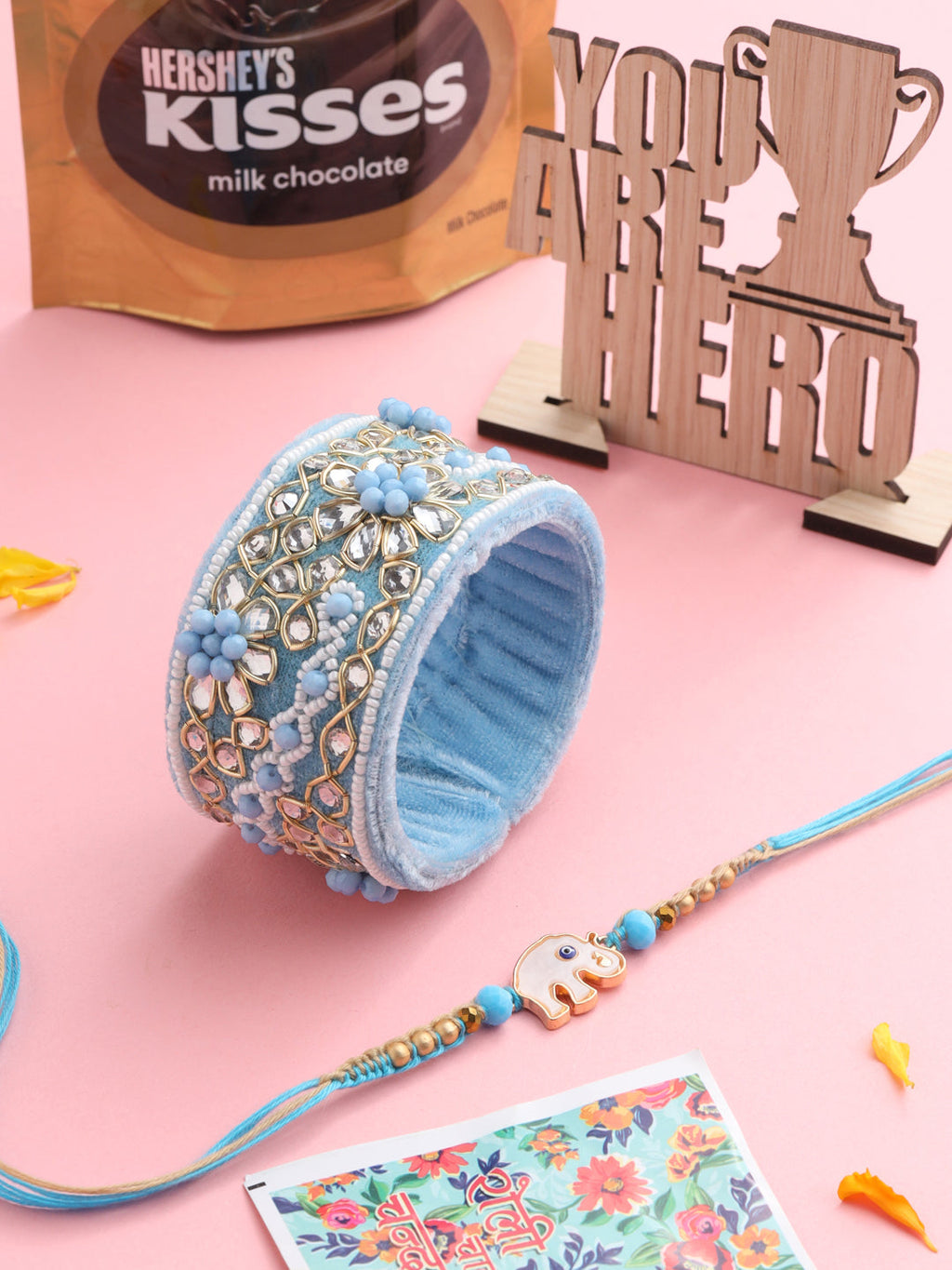 NVR Set of 2 Blue Artificial Stones & Beads Floral Bhaiya Bhabhi Rakhi Combo | Grocsy