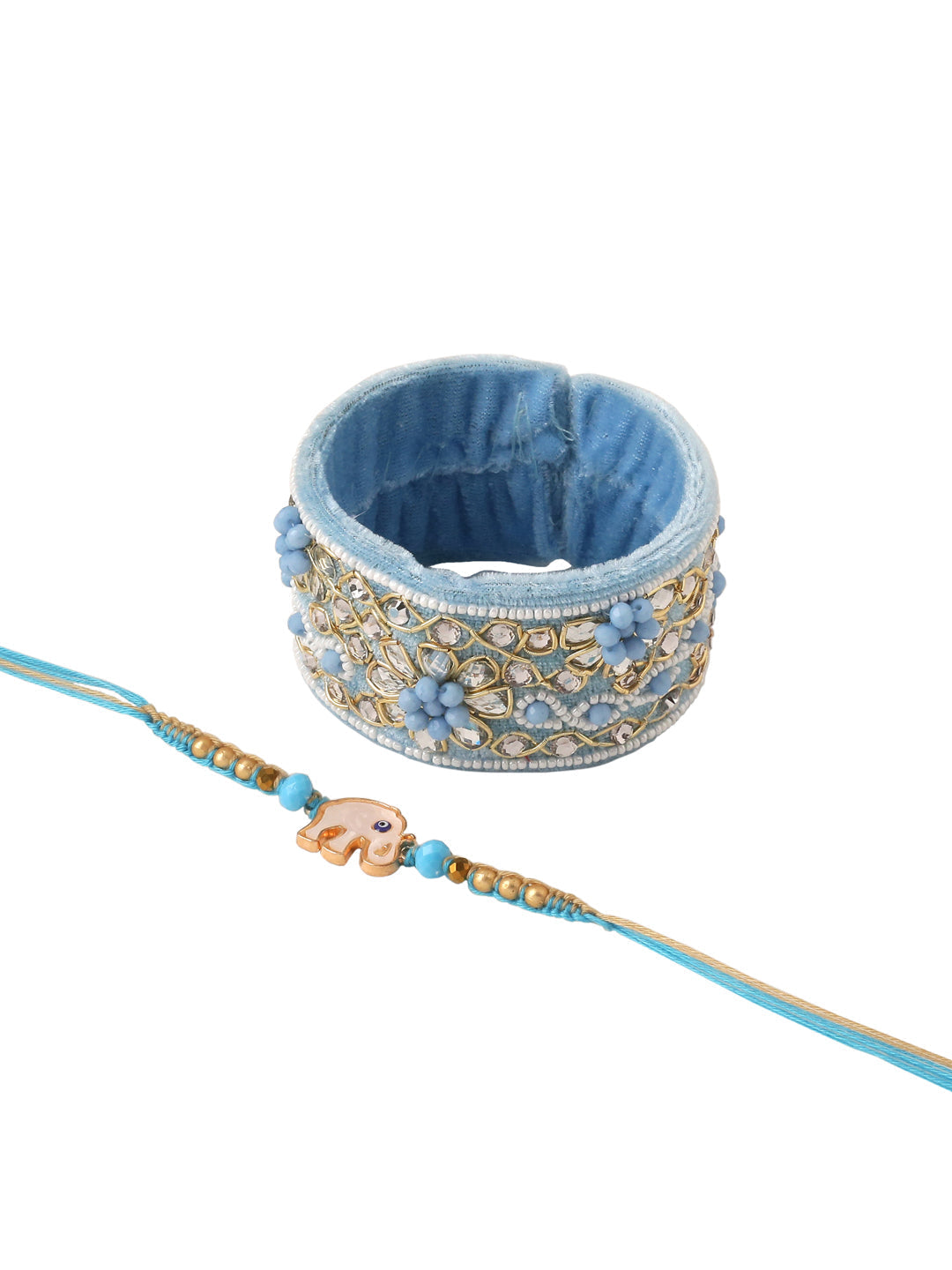 NVR Set of 2 Blue Artificial Stones & Beads Floral Bhaiya Bhabhi Rakhi Combo | Grocsy