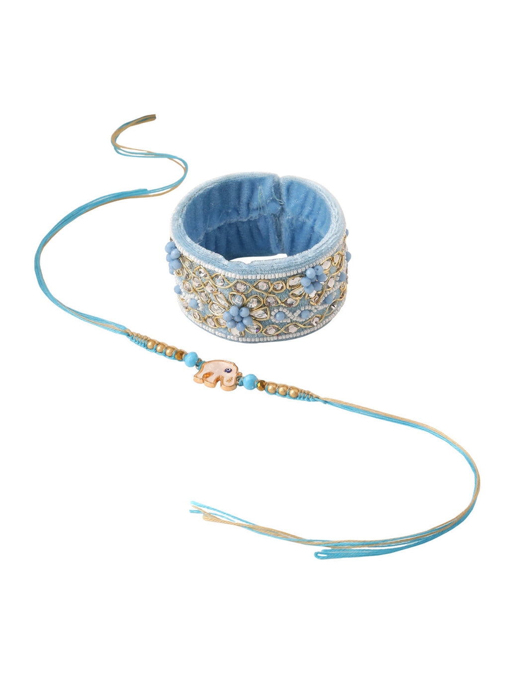 NVR Set of 2 Blue Artificial Stones & Beads Floral Bhaiya Bhabhi Rakhi Combo | Grocsy