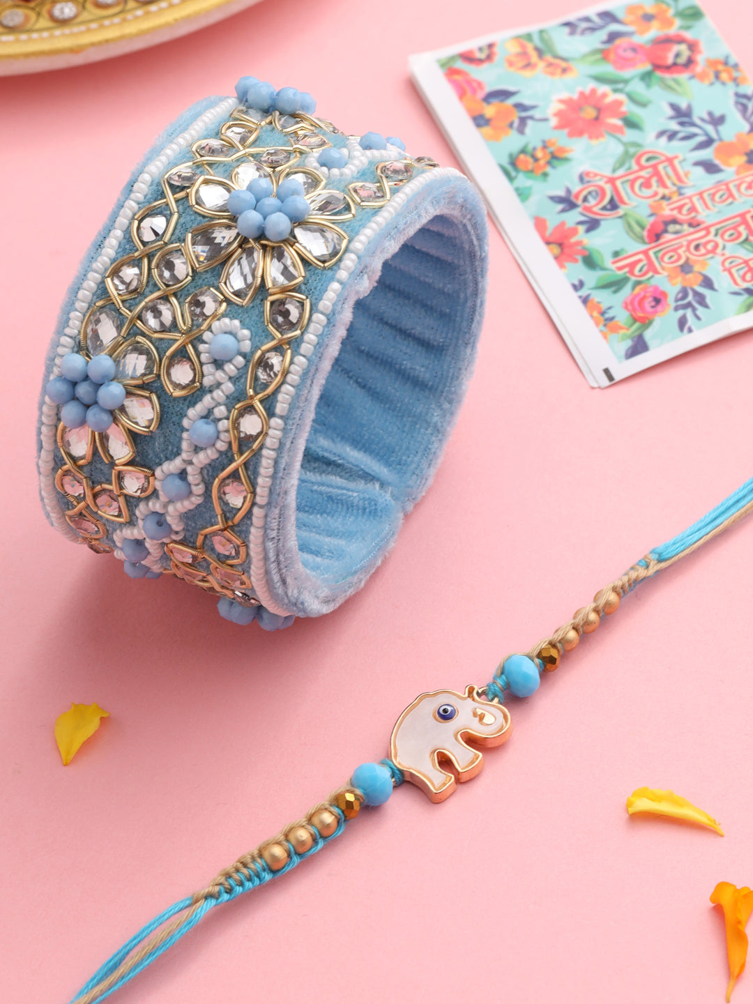 NVR Set of 2 Blue Artificial Stones & Beads Floral Bhaiya Bhabhi Rakhi with Roli Chawal Chandan & Mishri | Grocsy