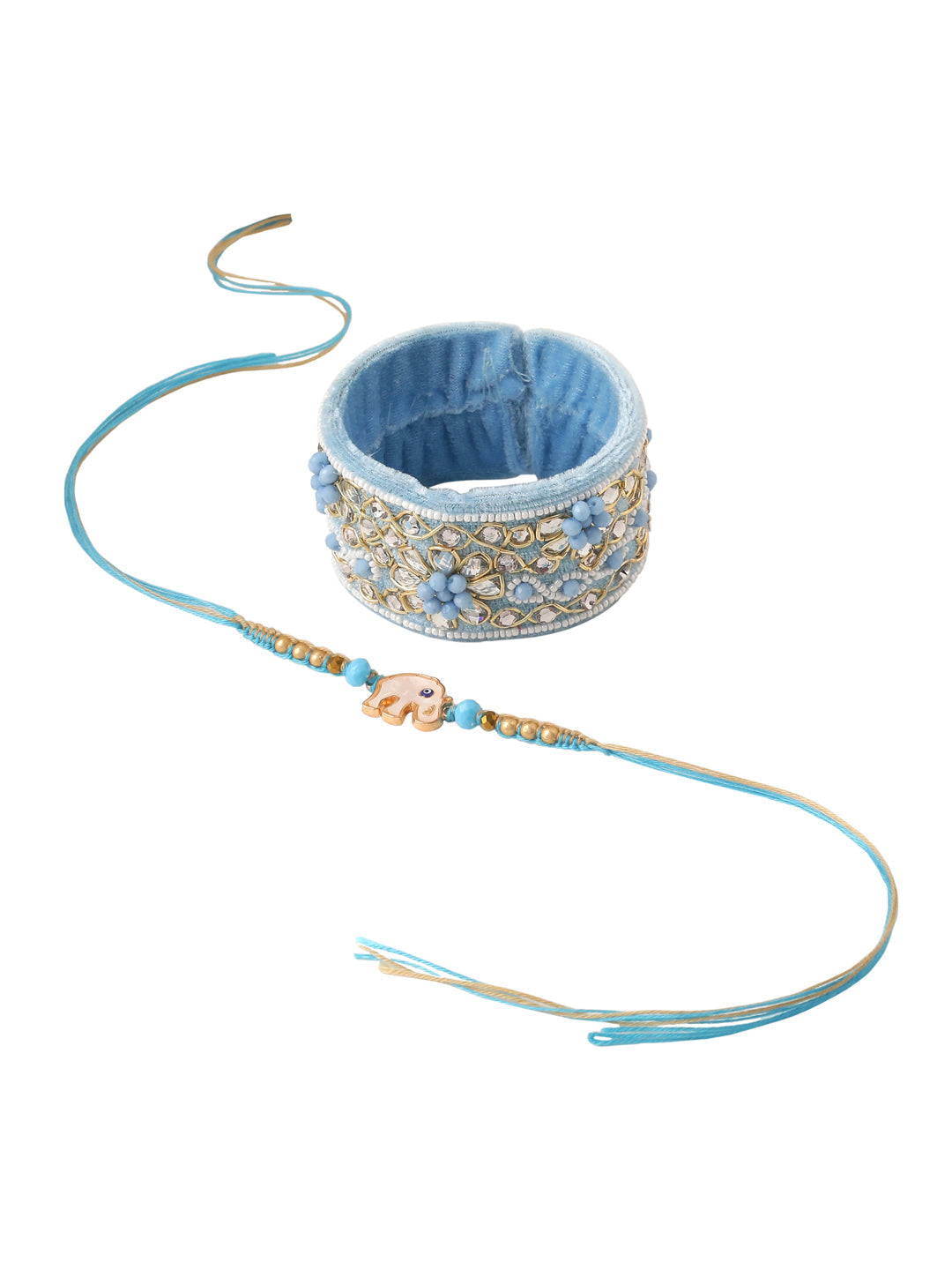 NVR Set of 2 Blue Artificial Stones & Beads Floral Bhaiya Bhabhi Rakhi with Roli Chawal Chandan & Mishri | Grocsy