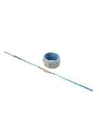 NVR Set of 2 Blue Artificial Stones & Beads Floral Bhaiya Bhabhi Rakhi with Roli Chawal Chandan & Mishri | Grocsy