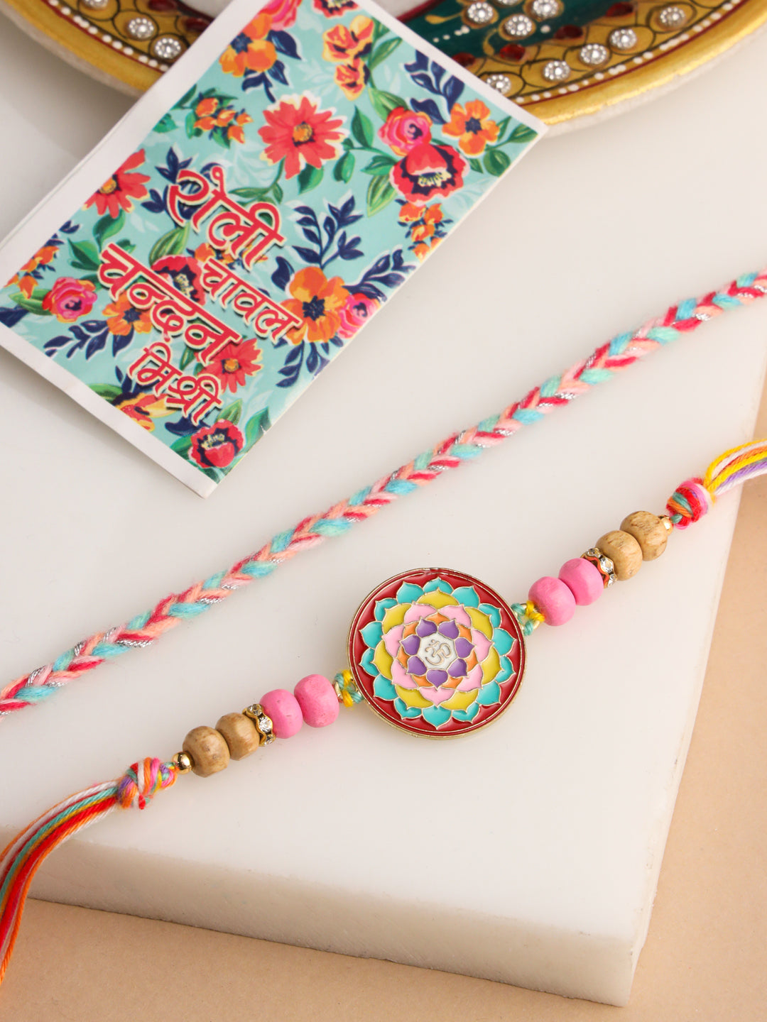 NVR Men Set of 2 Multicolor Artificial Stones & Beads Thread Rakhi with Roli Chawal Chandan & Mishri | Grocsy