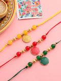 NVR Men Set of 3 Multicolor Artificial Beads Thread Rakhi with Roli Chawal Chandan & Mishri | Grocsy