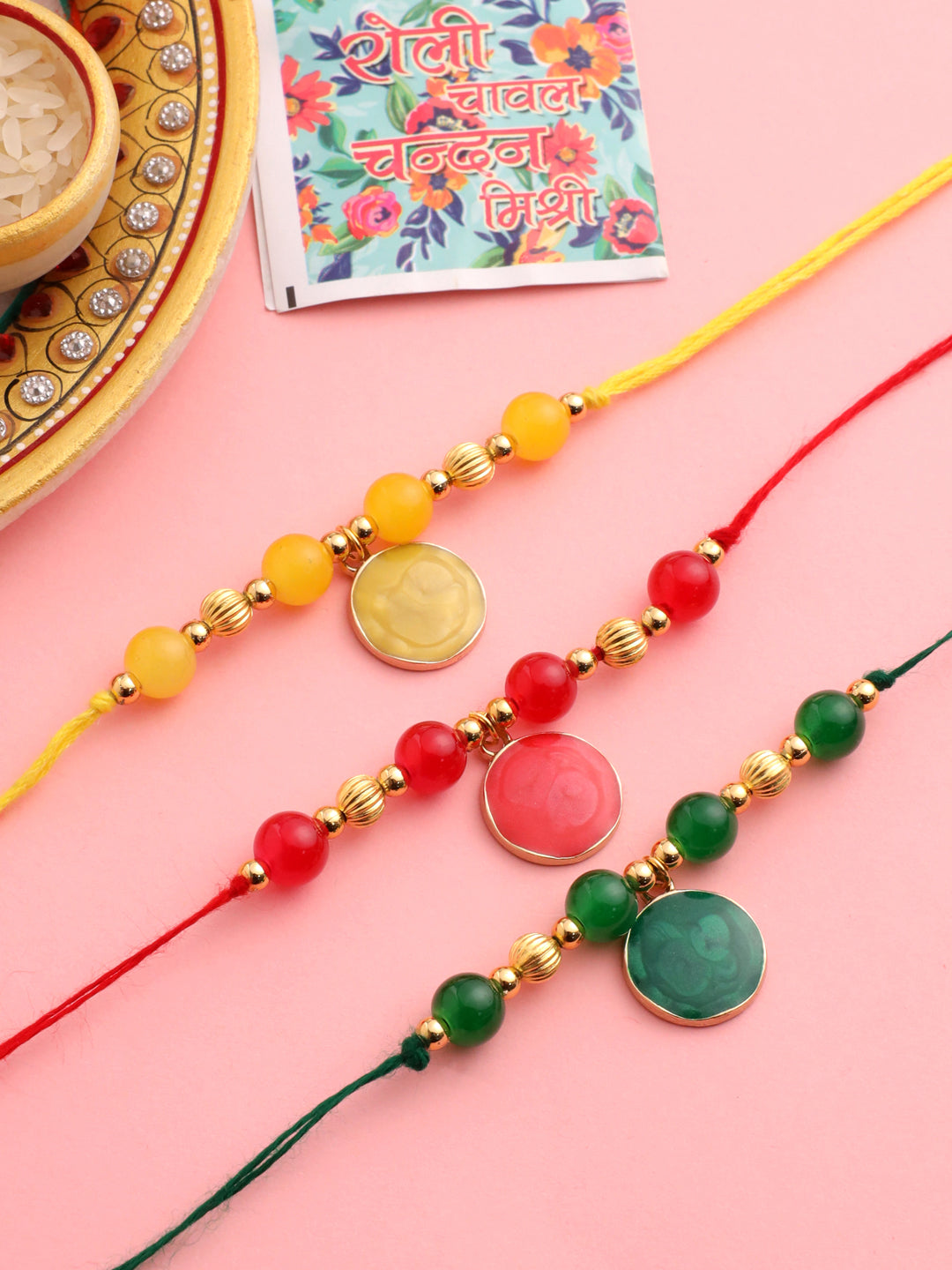 NVR Men Set of 3 Multicolor Artificial Beads Thread Rakhi with Roli Chawal Chandan & Mishri | Grocsy
