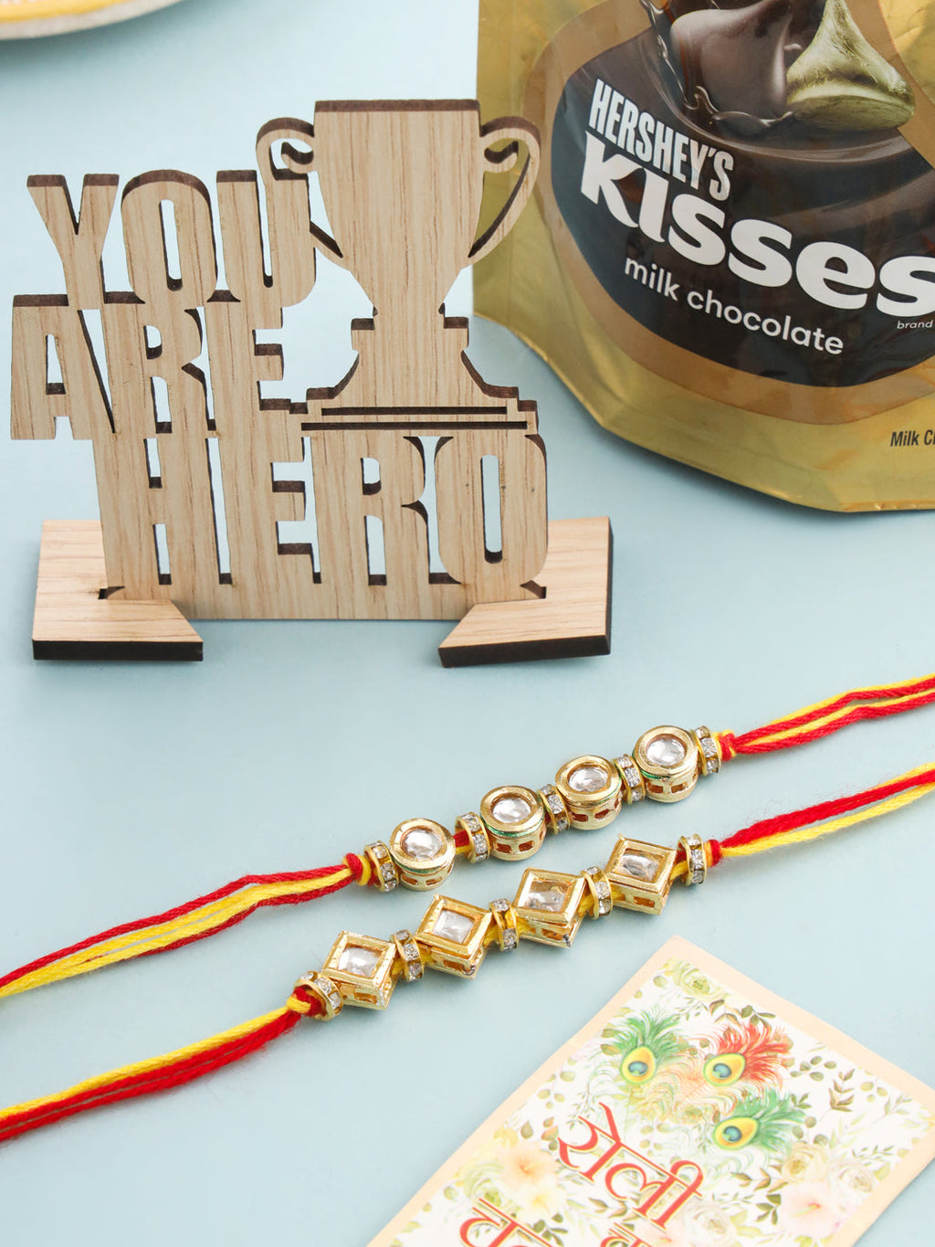 NVR Men's Set of 2 Multicolor Kundan Studded Thread Rakhi, Combo for Rakshabandhan | Grocsy