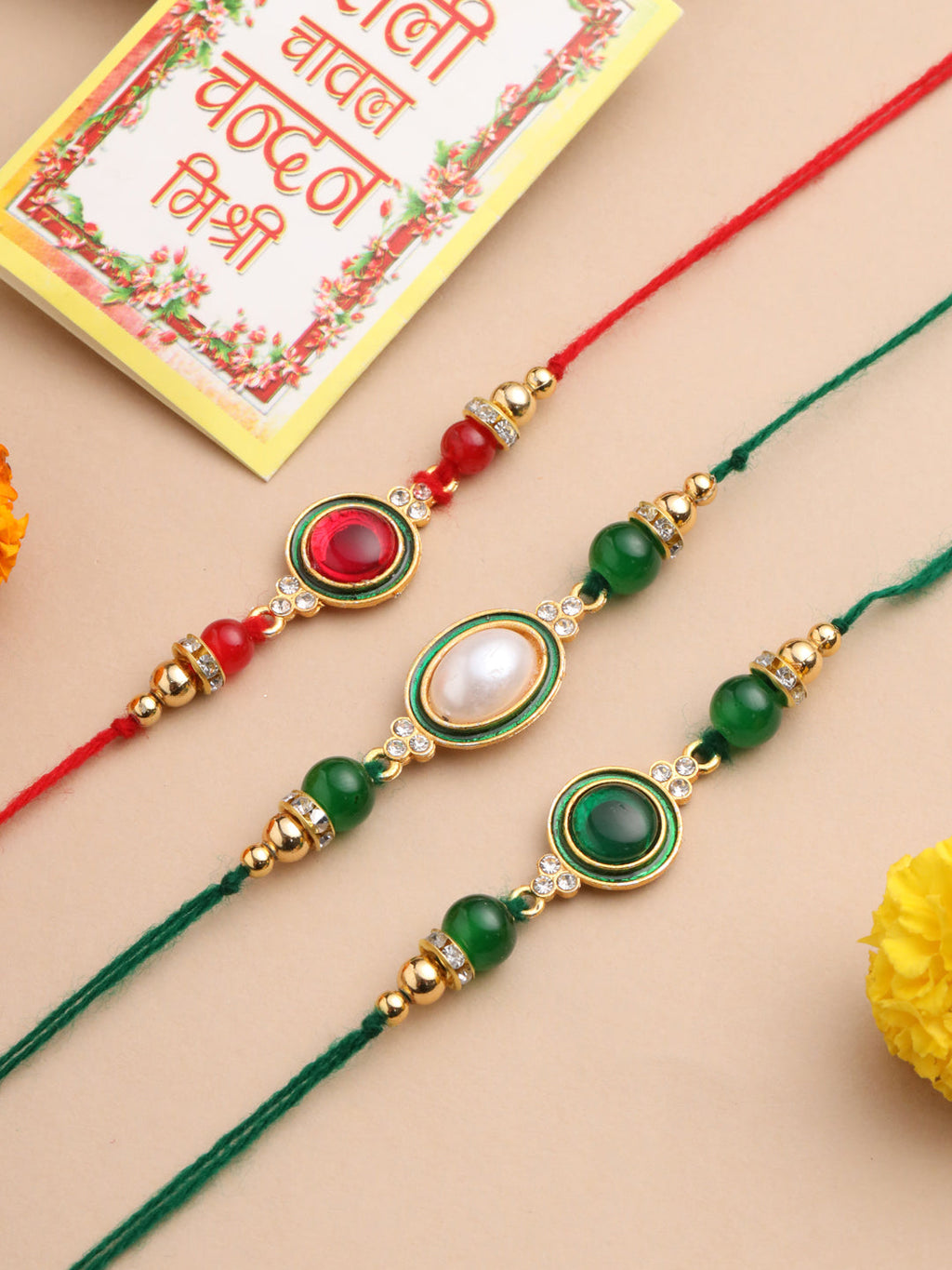NVR Men Set of 3 Multicolor Artificial Beads & Pearls Thread Rakhi with Roli Chawal Chandan & Mishri | Grocsy