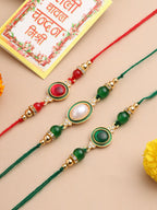 NVR Men Set of 3 Multicolor Artificial Beads & Pearls Thread Rakhi with Roli Chawal Chandan & Mishri | Grocsy