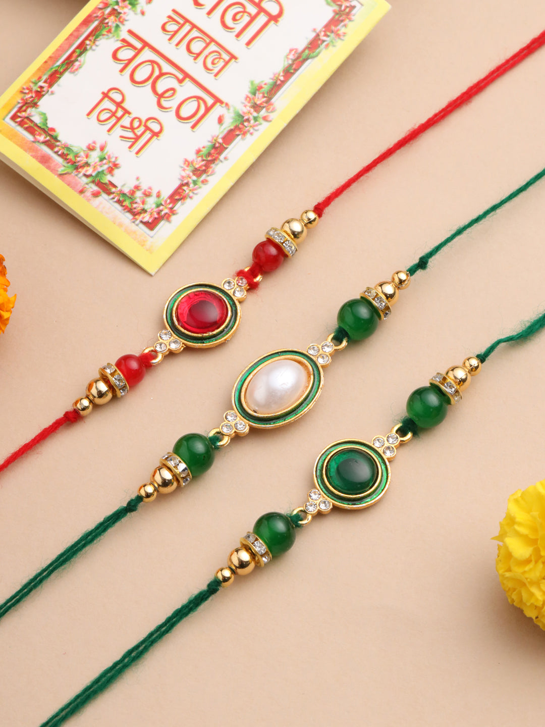 NVR Men Set of 3 Multicolor Artificial Beads & Pearls Thread Rakhi with Roli Chawal Chandan & Mishri | Grocsy