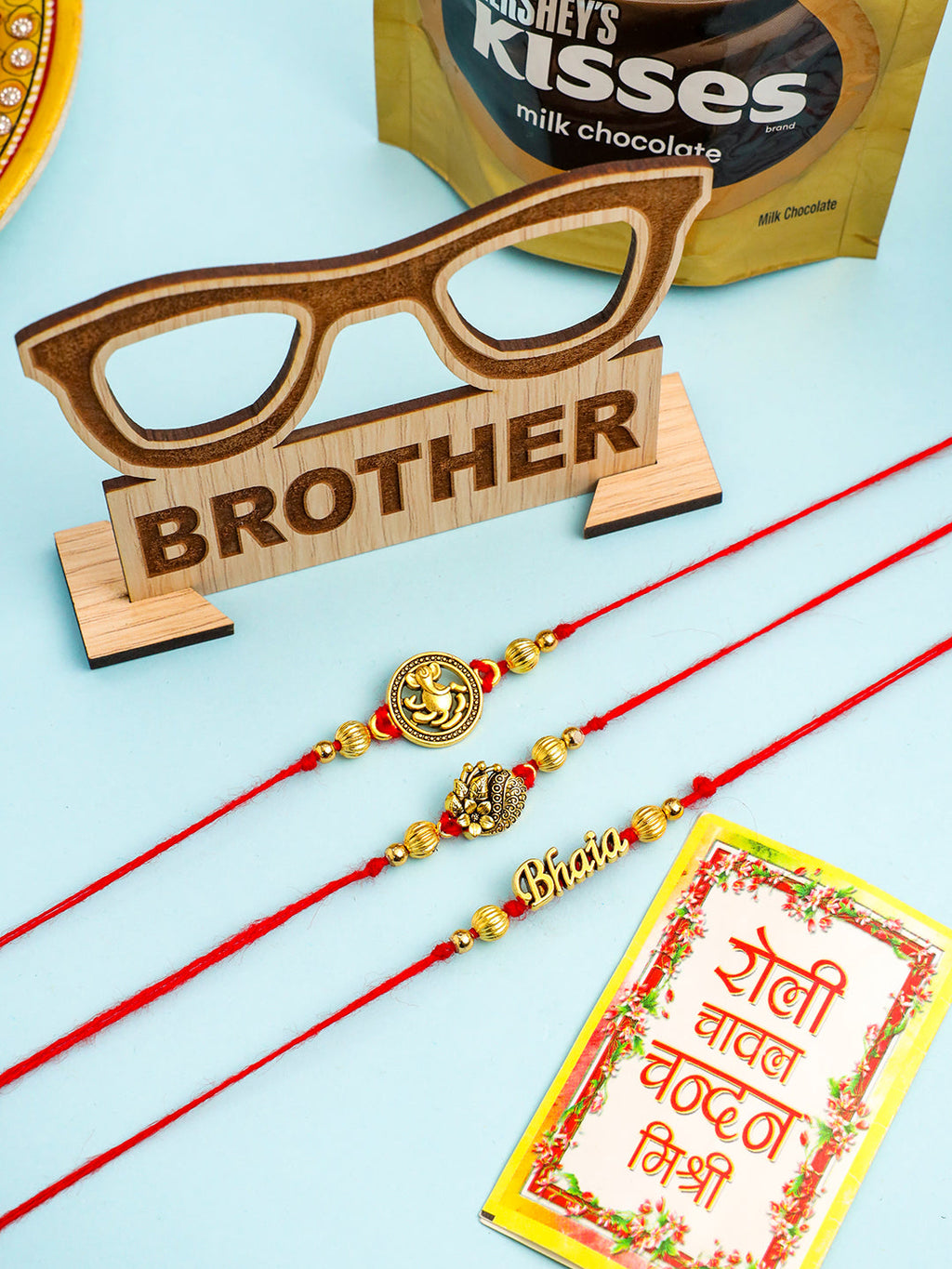 NVR Men's Set of 3 Gold Toned Thread Rakhi Set, Combo for Rakshabandhan | Grocsy