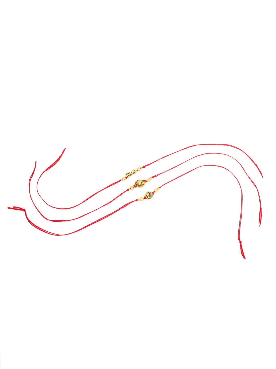 NVR Men Set of 3 Gold Toned Thread Rakhi with Roli Chawal Chandan & Mishri | Grocsy