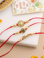 NVR Men Set of 3 Gold Toned Thread Rakhi with Roli Chawal Chandan & Mishri | Grocsy