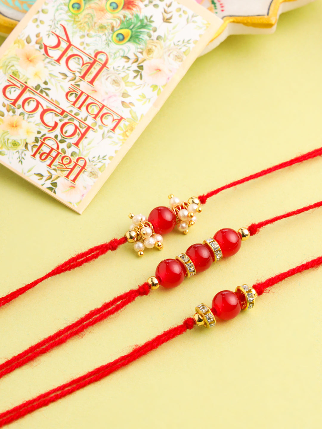 NVR Men Set of 3 Red Artificial Beads & Pearls Thread Rakhi with Roli Chawal Chandan & Mishri | Grocsy