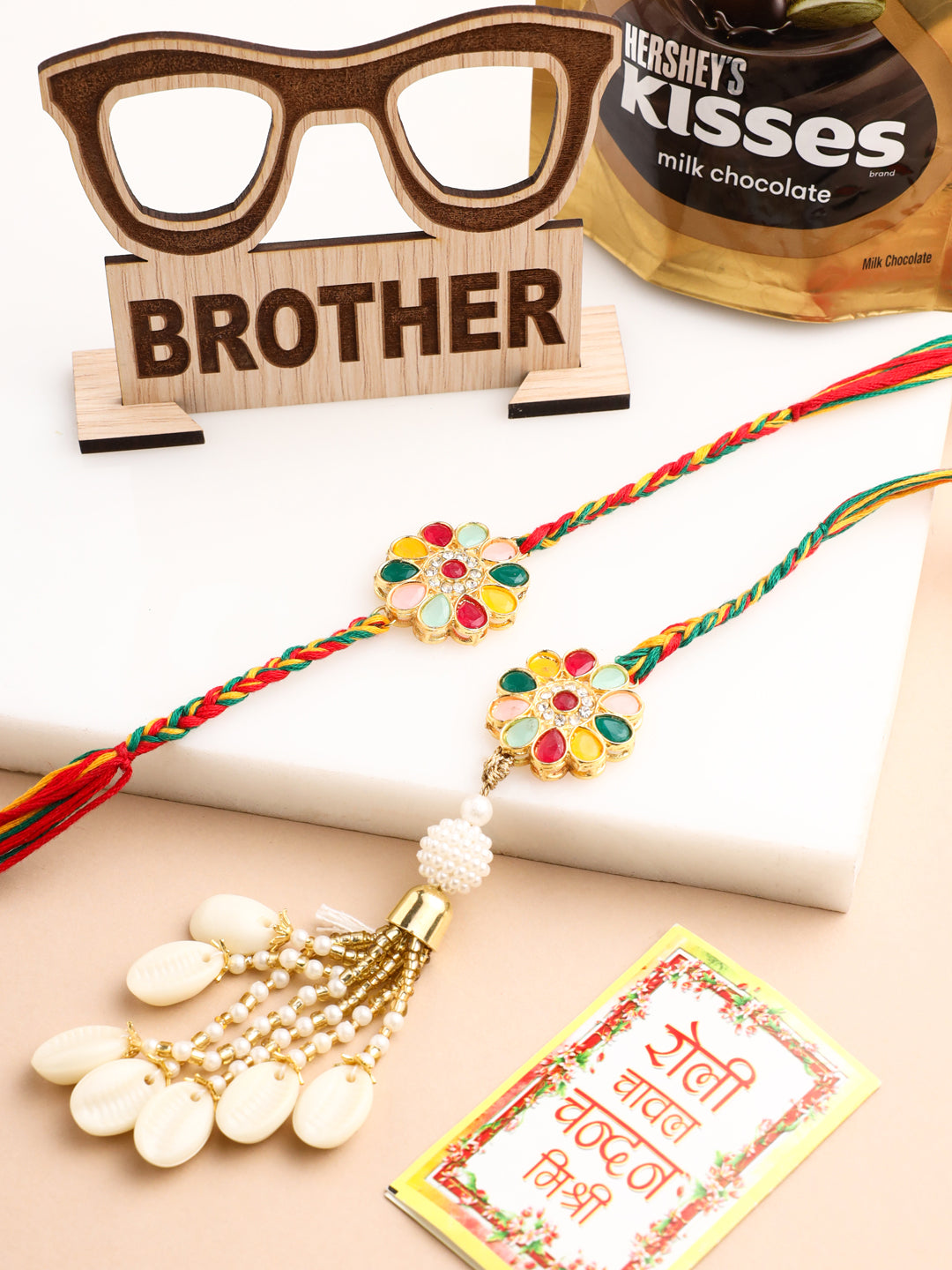 NVR Set of 2 Artificial Beads & Sea Shell Floral Design Bhaiya Bhabhi Rakhi Combo | Grocsy