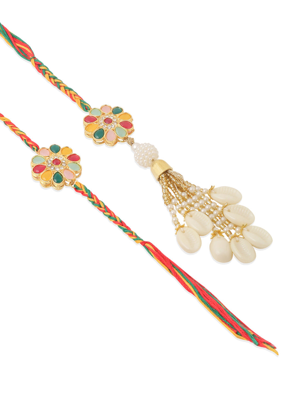 NVR Set of 2 Artificial Beads & Sea Shell Floral Design Bhaiya Bhabhi Rakhi Combo | Grocsy