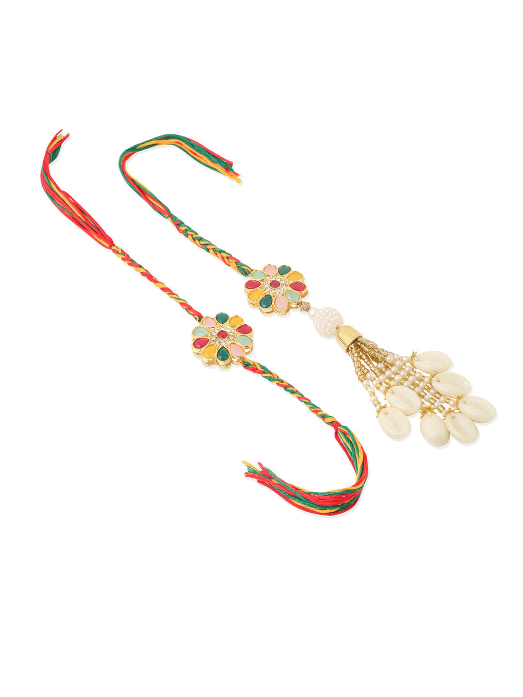 NVR Set of 2 Artificial Beads & Sea Shell Floral Design Bhaiya Bhabhi Rakhi Combo | Grocsy