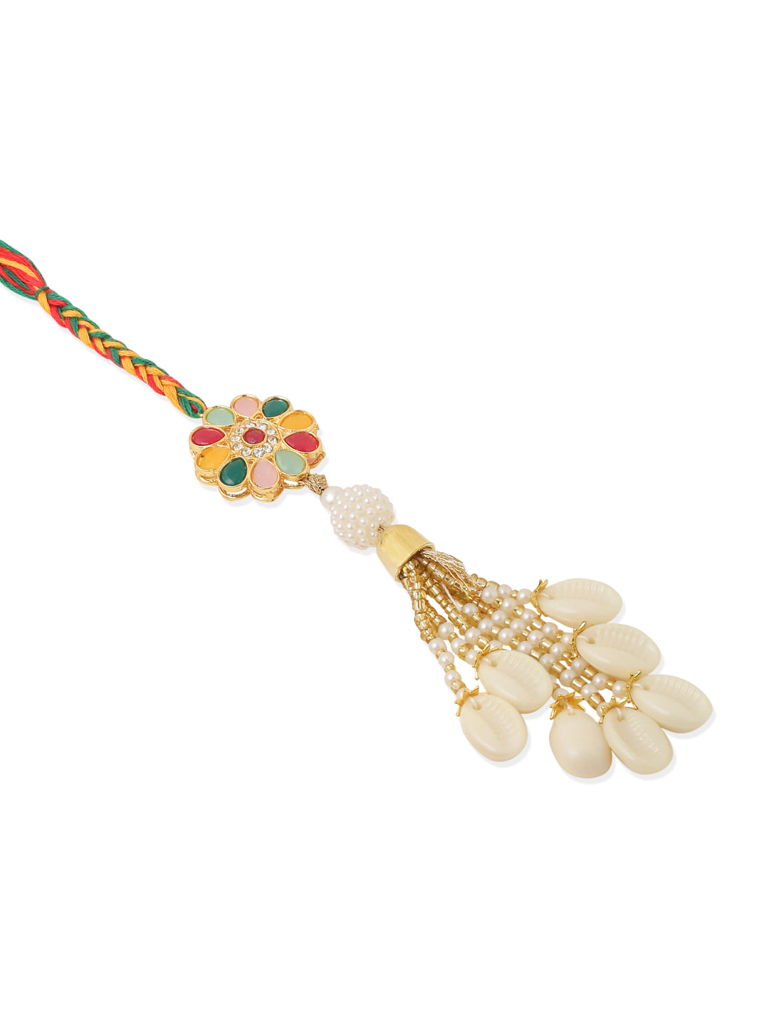 NVR Set of 2 Artificial Beads & Sea Shell Floral Design Bhaiya Bhabhi Rakhi Combo | Grocsy