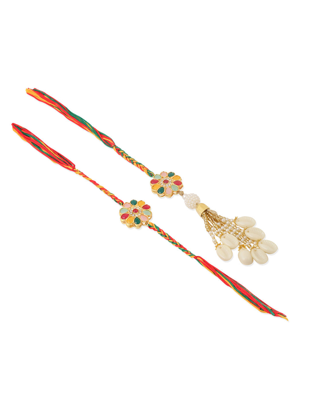 NVR Set of 2 Artificial Beads & Sea Shell Floral Design Bhaiya Bhabhi Rakhi Combo | Grocsy