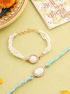 NVR Set of 2 White Pearls & Artificial Beads Bhaiya Bhabhi Rakhi with Roli Chawal Chandan & Mishri | Grocsy