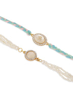 NVR Set of 2 White Pearls & Artificial Beads Bhaiya Bhabhi Rakhi with Roli Chawal Chandan & Mishri | Grocsy