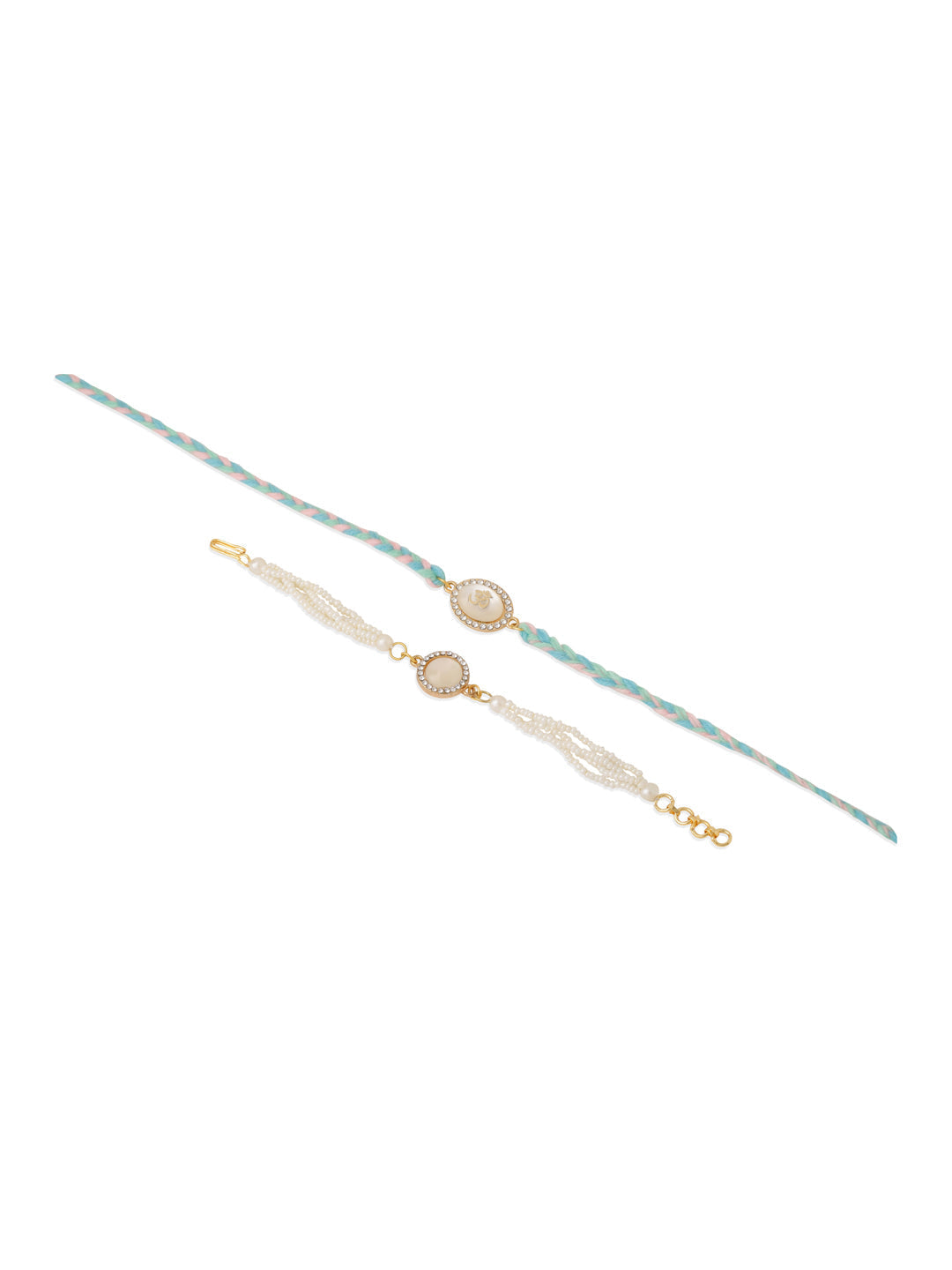 NVR Set of 2 White Pearls & Artificial Beads Bhaiya Bhabhi Rakhi with Roli Chawal Chandan & Mishri | Grocsy