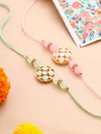 NVR Men Set of 2 Artificial Stones & Beads Floral Design Thread Rakhi with Roli Chawal Chandan & Mishri | Grocsy