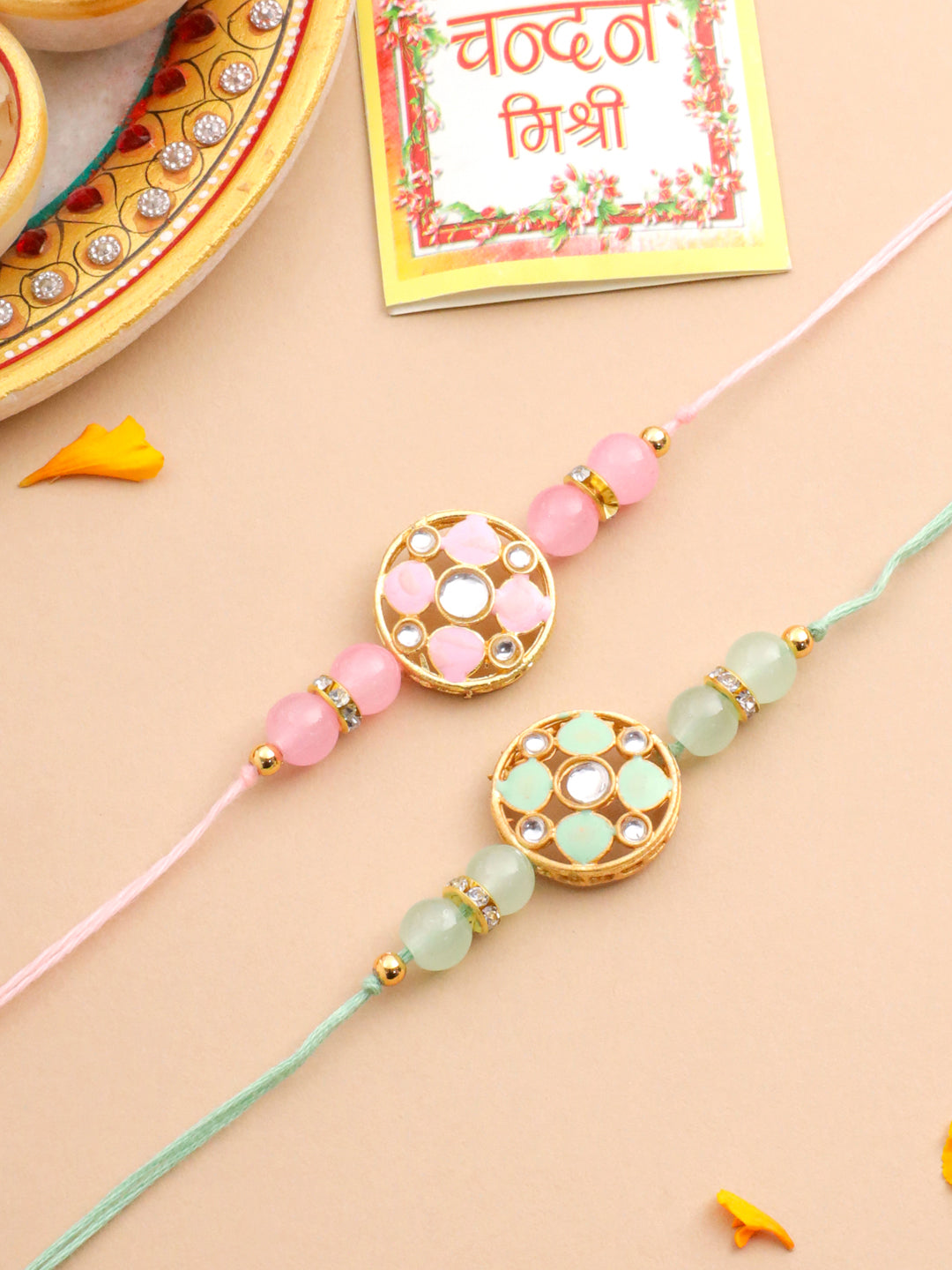 NVR Men Set of 2 Artificial Stones & Beads Floral Design Thread Rakhi with Roli Chawal Chandan & Mishri | Grocsy