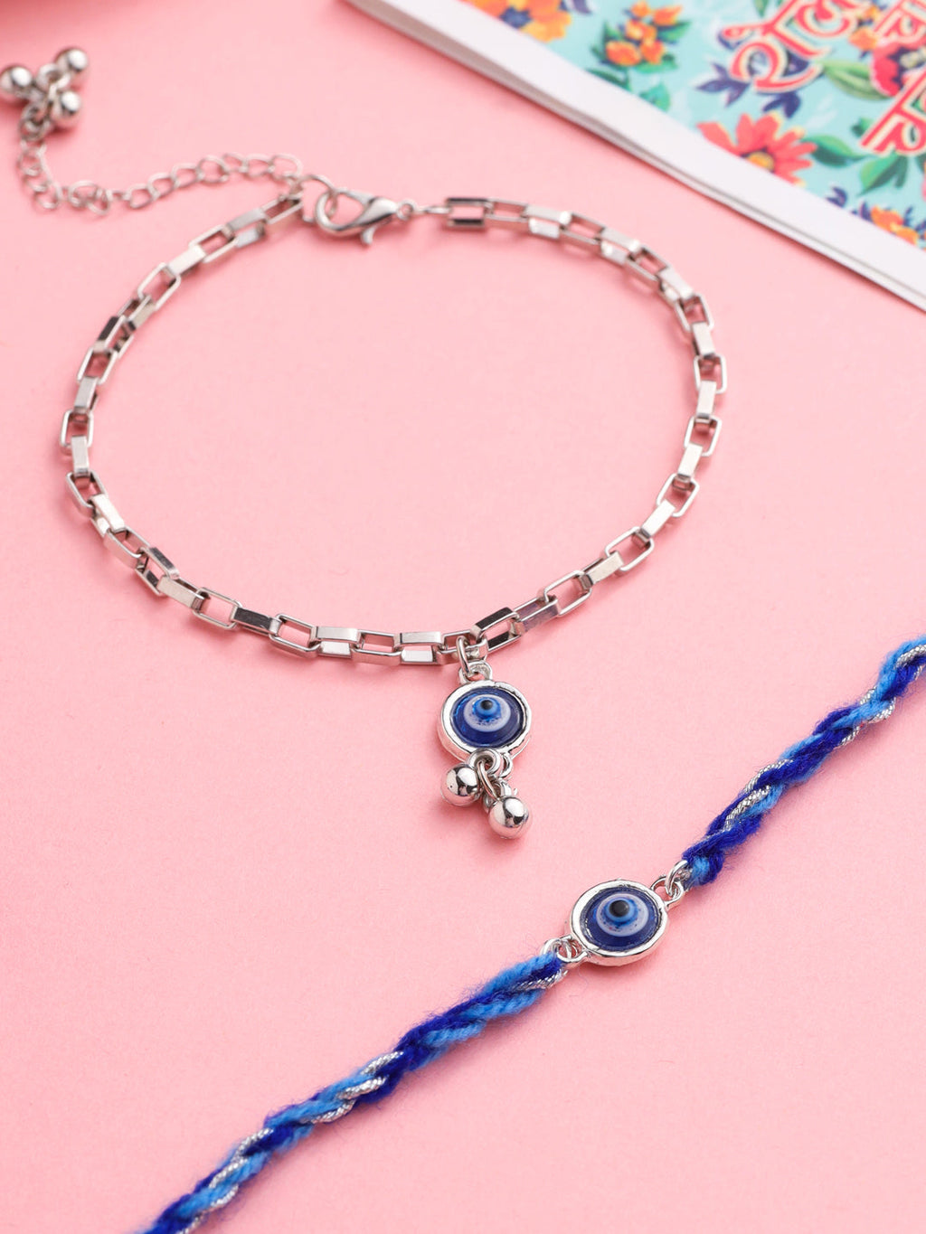 NVR Set of 2 Blue Evil Eye Bhaiya Bhabhi Rakhi with Roli Chawal Chandan & Mishri | Grocsy