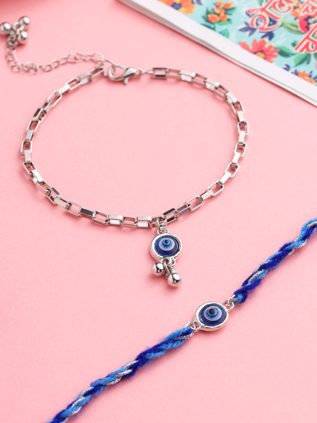 NVR Set of 2 Blue Evil Eye Bhaiya Bhabhi Rakhi with Roli Chawal Chandan & Mishri | Grocsy