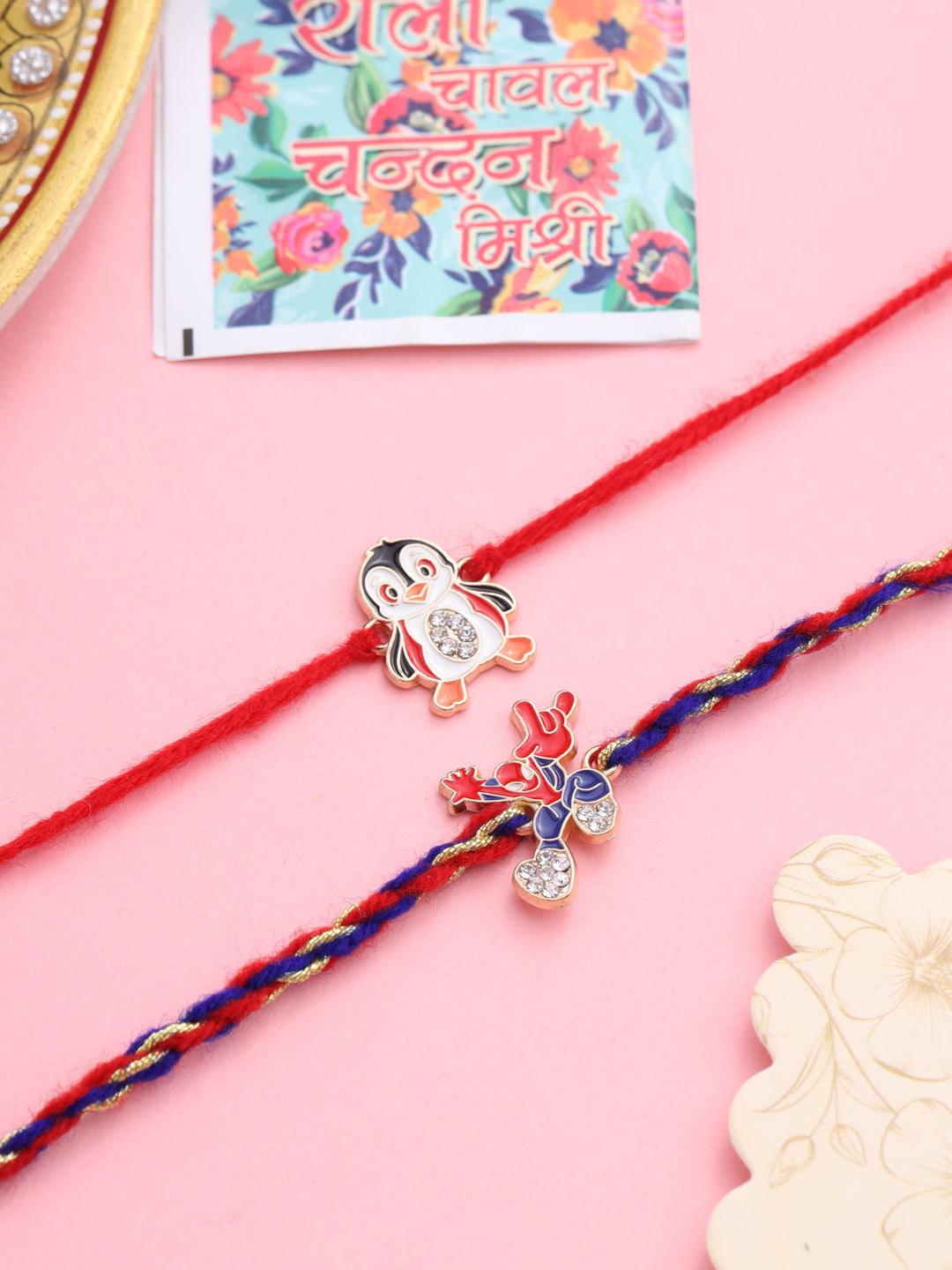 NVR Kids Set of 2 Cartoon Character Blue & Red Thread Rakhi with Roli Chawal Chandan & Mishri | Grocsy