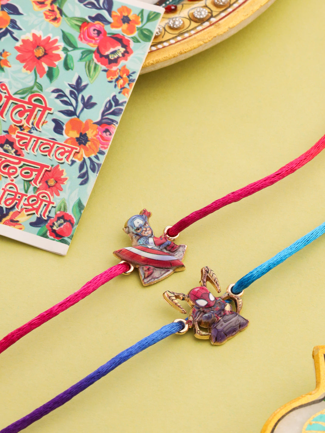 NVR Kids Set of 2 Cartoon Character Purple & Red Thread Rakhi with Roli Chawal Chandan & Mishri | Grocsy