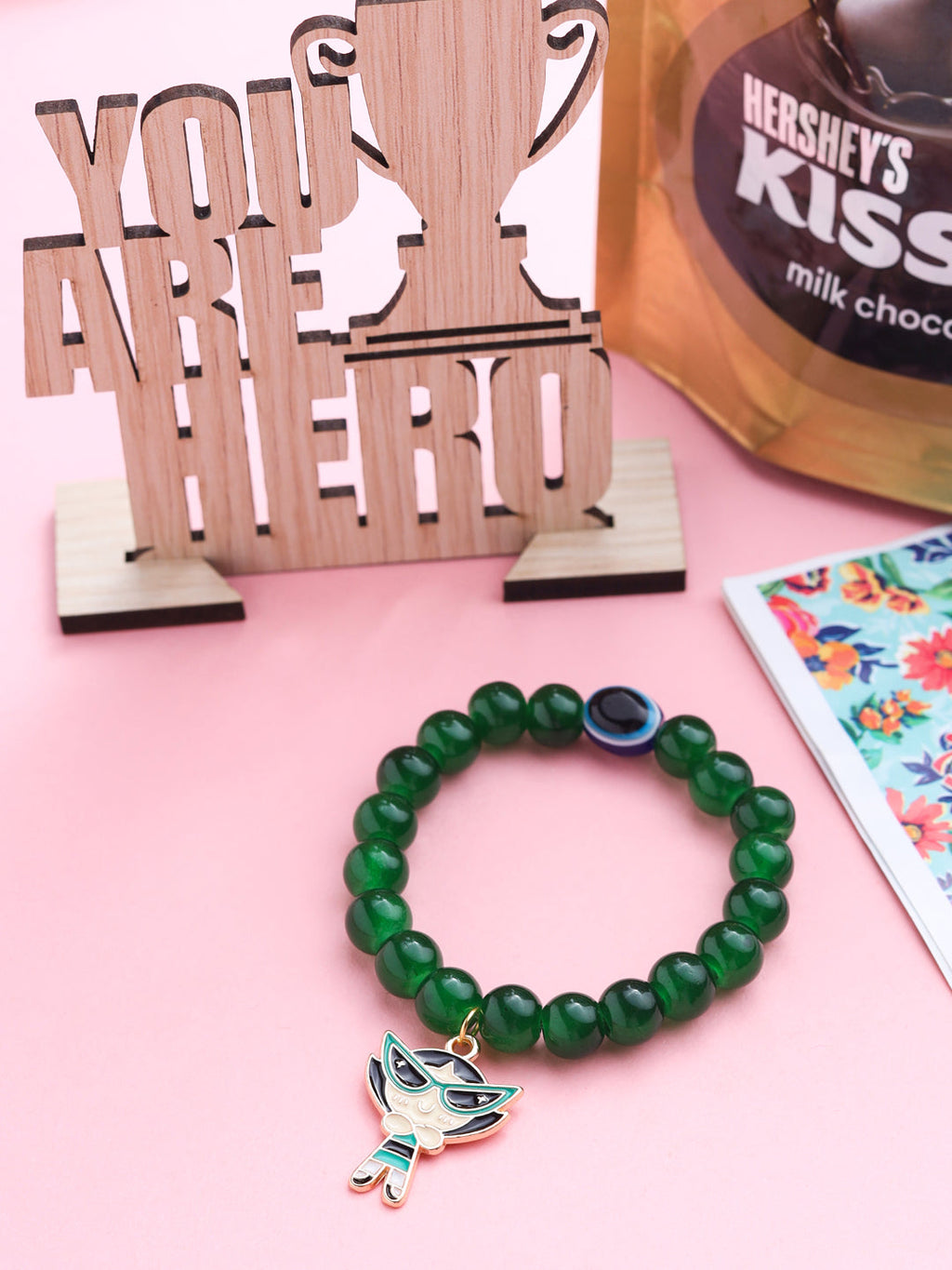 NVR Kids Cartoon Design Green Artificial Beads Thread Rakhi, Combo for Rakshabandhan | Grocsy