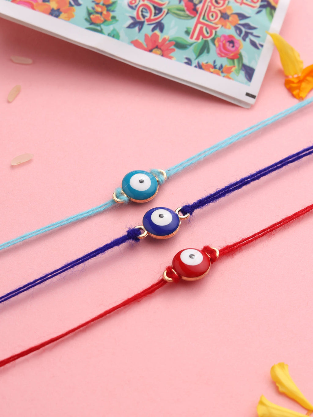 NVR Set of 3 Multicolor Evil Eye Men's Thread Rakhi with Roli Chawal Chandan & Mishri | Grocsy