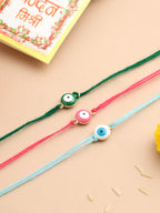 NVR Men's Set of 3 Multicolor Evil Eye Thread Rakhi with Roli Chawal Chandan & Mishri | Grocsy