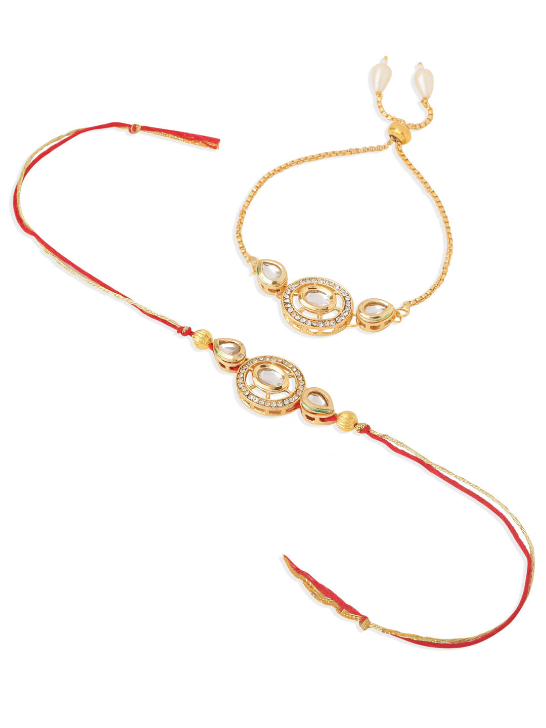 NVR Set of 2 Gold Toned Kundan Studded Bhaiya Bhabhi Rakhi Set, Combo for Rakshabandhan | Grocsy