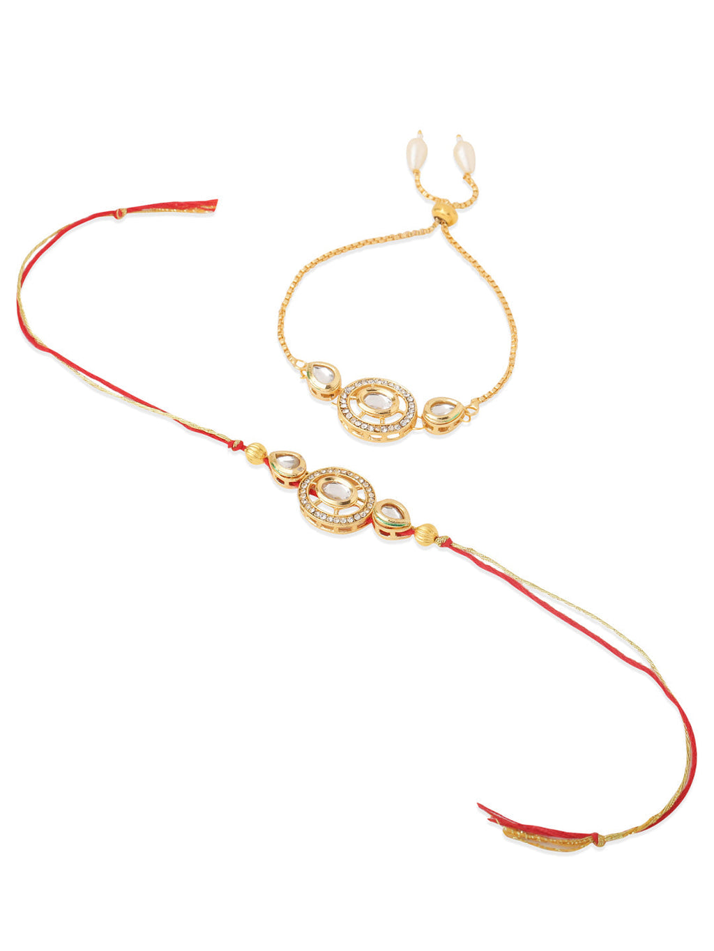 NVR Set of 2 Gold Toned Kundan Studded Bhaiya Bhabhi Rakhi with Roli Chawal Chandan & Mishri | Grocsy