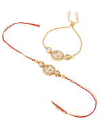 NVR Set of 2 Gold Toned Kundan Studded Bhaiya Bhabhi Rakhi with Roli Chawal Chandan & Mishri | Grocsy