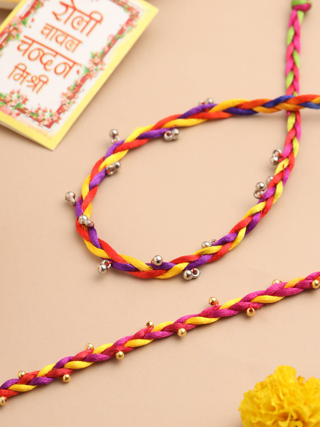NVR Men Multicolor Artificial Beads Thread Rakhi with Roli Chawal Chandan & Mishri | Grocsy