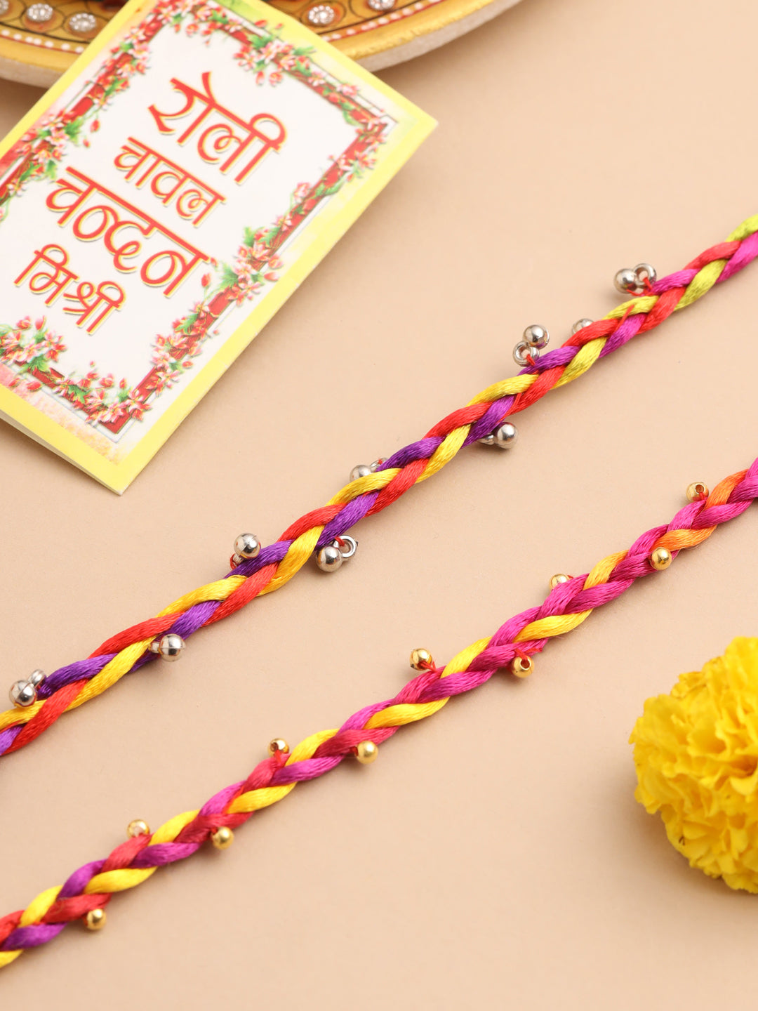 NVR Men Multicolor Artificial Beads Thread Rakhi with Roli Chawal Chandan & Mishri | Grocsy