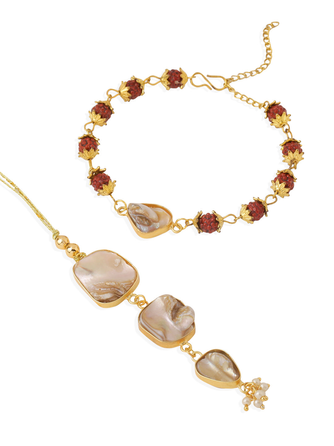 NVR Set of 2 Gold Toned Rudraksh & Pearls Bhaiya Bhabhi Rakhi Set, Combo for Rakshabandhan | Grocsy